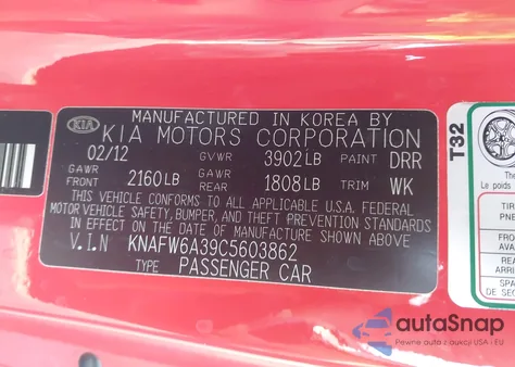 2012 Kia Forte Koup Sx z USA, uszkodzony, nr VIN KNAFW6A39C5603862